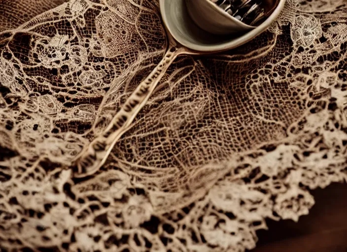 Image similar to dslr photograph of a beautiful bowl filled with rusty nails screws and bolts with a spoon next to it on a lace napkin, 8 5 mm f 1. 8