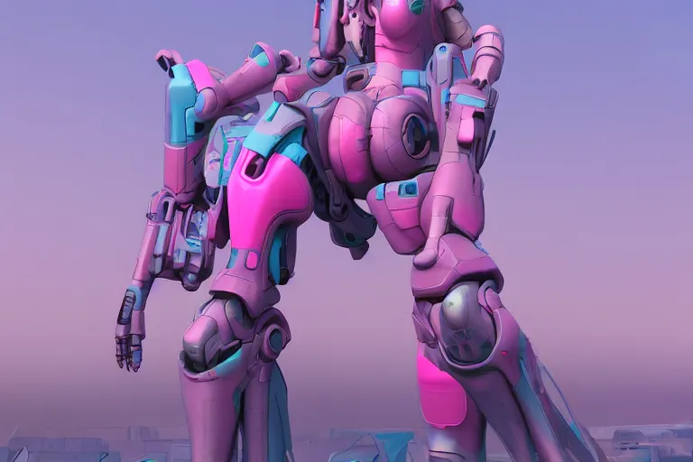 Image similar to a beautiful woman, piloting a mech. Pink and blue color scheme. Scifi city street background. In the style of Arcane by fortiche. Marmoset Toolbag, zbrush, substance painter.