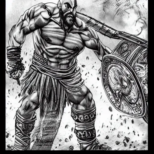 Image similar to god of war, kratos, fight scene still, manga, by kentaro miura