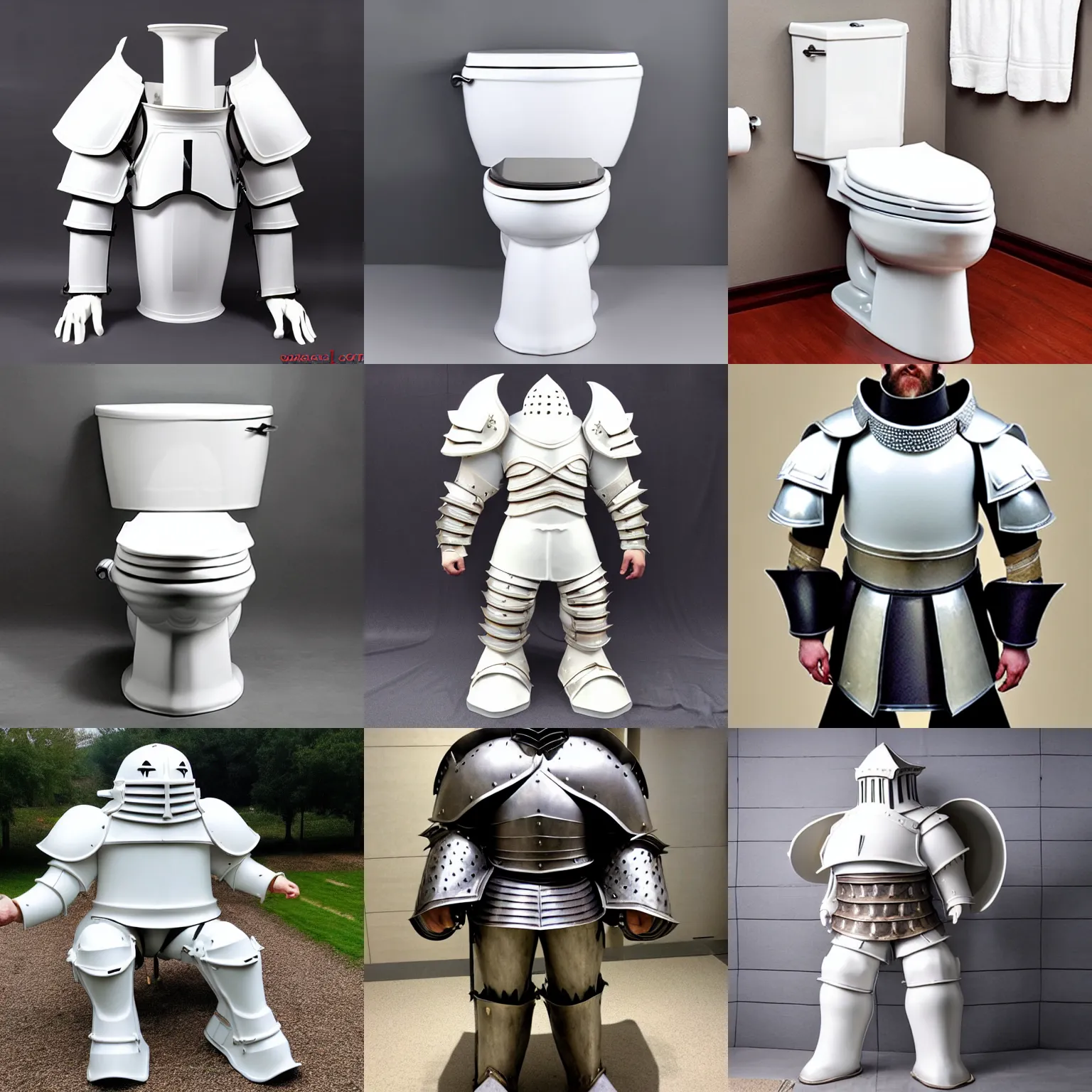 Prompt: oversized giant oversized knight wearing white porcelain toilet bowl armor