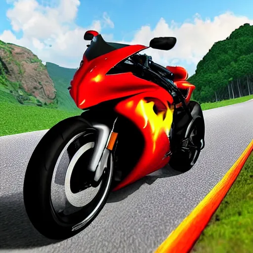 Image similar to new aesthetic and fast motorcycle. Flaming roads. photo realistic. high details. race. hyper realistic.