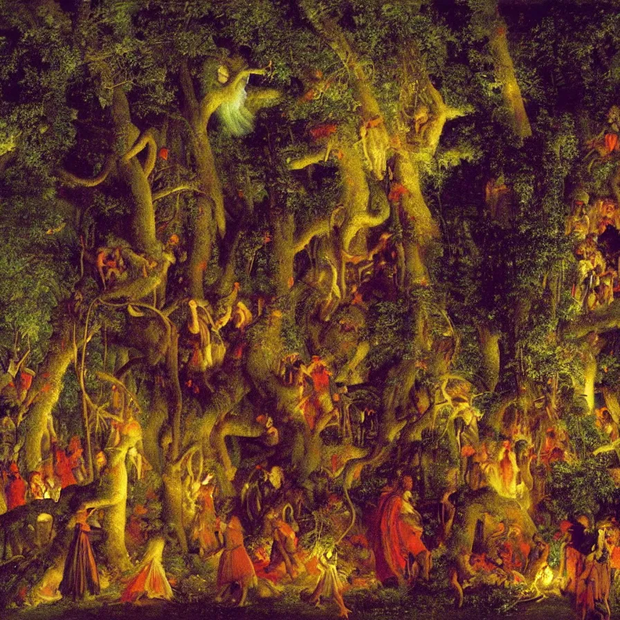 Prompt: closeup of a night carnival inside a tree cavity in a magical forest in the middle of a summer storm, with a music scenario with many fireworks and christmas lights, volumetric lightning, instense god rays in the sky, folklore people disguised with fantastic creatures in a magical forest by summer night, masterpiece painted by pierre puvis de chavannes, very coherent and contrast masterpiece,