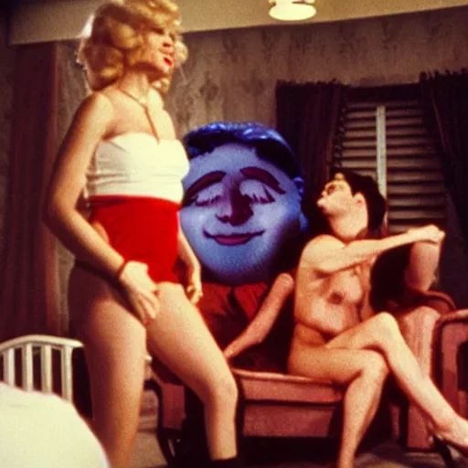 Image similar to bored housewife meets a man with an inflatable cartoon face in a seedy motel room, 1982 color Fellini film, archival footage, technicolor film, 16mm, live action, John Waters, wacky children's tv comedy