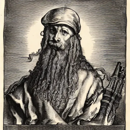 Prompt: A colonial soldier with an octopus head in the style of Albrecht Dürer, engraving, ink, black and white, 17th century