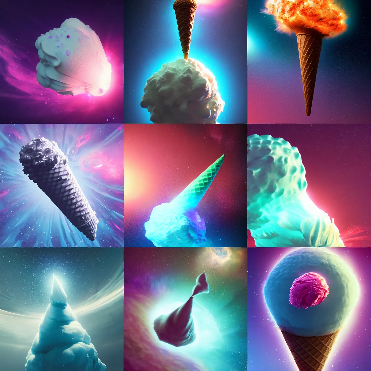 Prompt: dramatic render of a cosmic ice cream cone floating in space, radiating with a supernova of flavors, volumetric lighting, cgsociety, artstation, 4 k