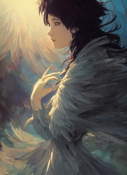 Image similar to Howl's Moving Castle, Howl as a black raven, intricate, elegant, highly detailed, digital painting, artstation, concept art, smooth, sharp focus, illustration, art by artgerm and greg rutkowski and alphonse mucha and francisco goya