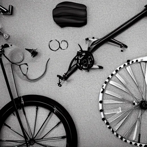 Prompt: parts of a bicycle scattered on a table, black and white, trending on artstation, hd