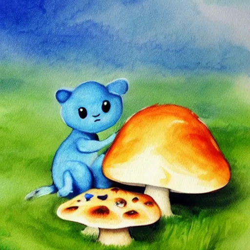 Image similar to a professional water painting of a cute creature sitting next to a mushroom, detailed