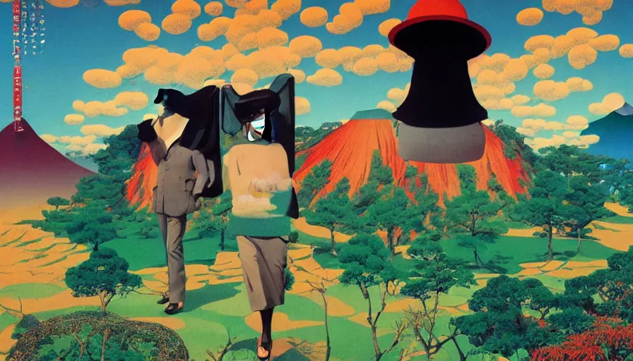 Image similar to Japan rural splendor travel and tourism c2050, surrealist psychedelic photo-collage painting in the style of Newsweek magazine, +81 magazine, Magritte, Roger Dean, Yoshio Awazu, vivid color