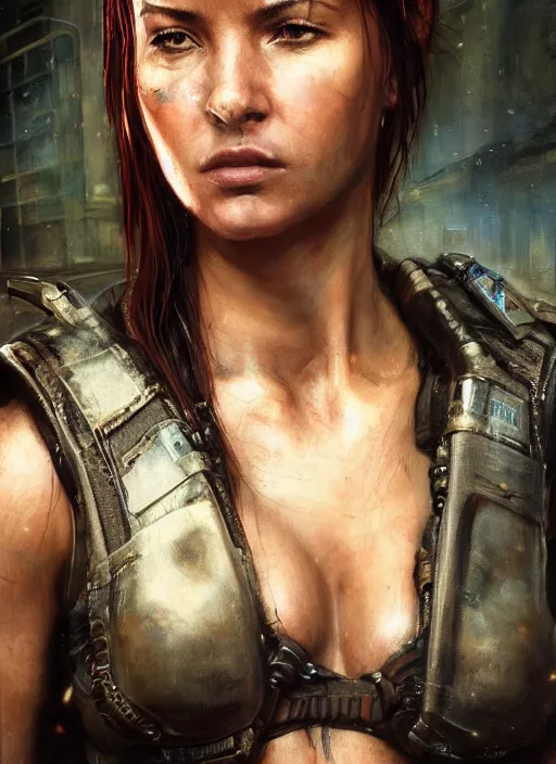 Image similar to sarah kerrigan. cyberpunk mercenary in a military vest ( blade runner 2 0 4 9, cyberpunk 2 0 7 7 ). orientalist portrait by john william waterhouse and james gurney and theodore ralli and nasreddine dinet, oil on canvas. cinematic, hyper realism, realistic proportions, dramatic lighting, high detail 4 k