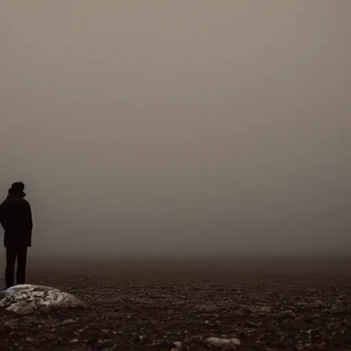 Image similar to a lonely man standing on a deserted planet, dreary, head down, smokey, blur, ambient lighting, photograph,