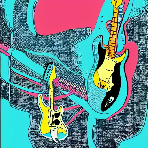 Image similar to illustration in the style of the jetsons of a mermaid playing an stratocaster electric guitar, 3 colour screen print