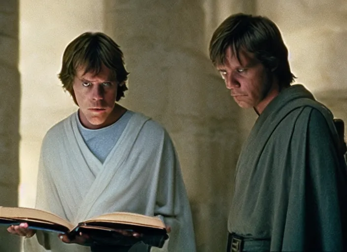 Prompt: single portrait of Luke skywalker uncovering the glowing book of ancient jedi texts. a hazy ethereal ancient temple, screenshot from the 1983 film, Photographed with Leica Summilux-M 24 mm lens, ISO 100, f/8, Portra 400, kodak film, anamorphic lenses