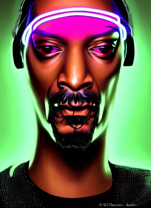 Image similar to portrait of snoop dog cyber humanoid, intricate, elegant, cyber neon lights, highly detailed, digital painting, artstation, glamor pose, concept art, smooth, sharp focus, illustration, art by artgerm and greg rutkowski