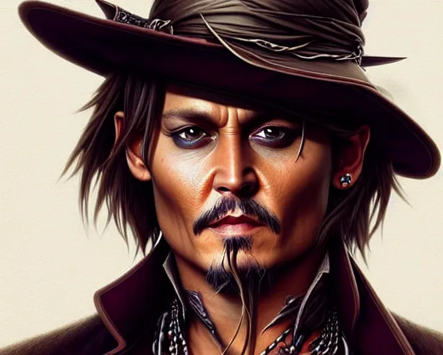 Image similar to digital art of johnny depp, deep focus, d & d, fantasy, intricate, elegant, highly detailed, digital painting, artstation, concept art, matte, sharp focus, illustration, hearthstone, art by artgerm and greg rutkowski and alphonse mucha