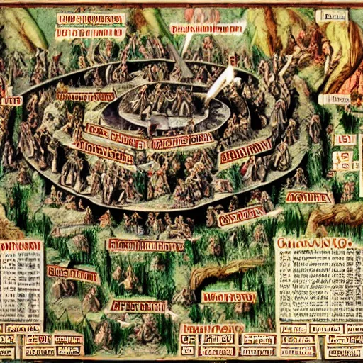 Image similar to detailed map of the nine layers of hell from dantes inferno. cutaway style.