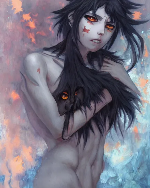 Image similar to anime wolfgirl with shaggy black hair, glowing orange eyes, grey skin and furry arms, oil painting, by Fernanda Suarez and and Edgar Maxence