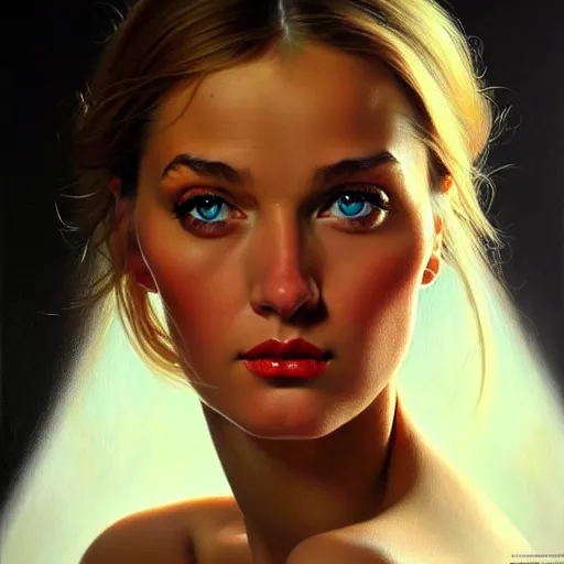 Prompt: close up face of a extremely beautiful bond female vam pire portrait, masterpiece painting, oil on canvas, artgerm, norman rockwell, craig mulins, trending on pxiv,