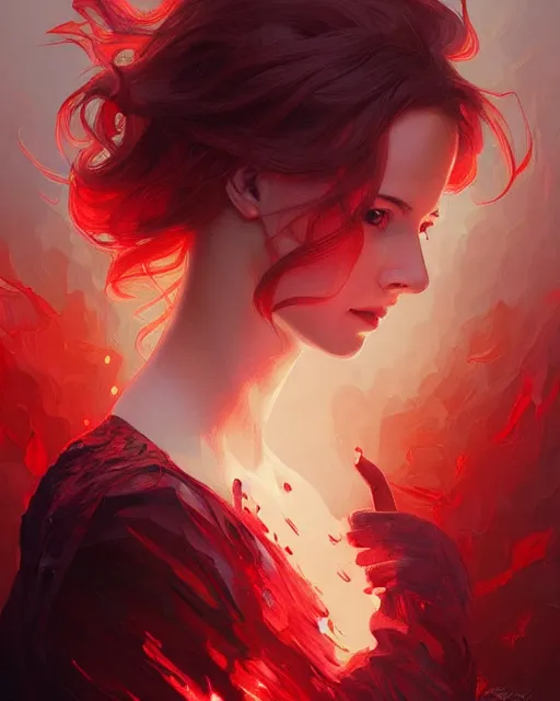 Prompt: emily rajtkowski, lake, red, flames everywhere, highly detailed, digital painting, artstation, concept art, smooth, sharp focus, illustration, art by artgerm and greg rutkowski and alphonse mucha