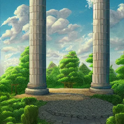 Image similar to childrens fantasy book illustration of a giant hallway and columns which turn into nature and the clouds and sky. highly detailed drawing. surrealism