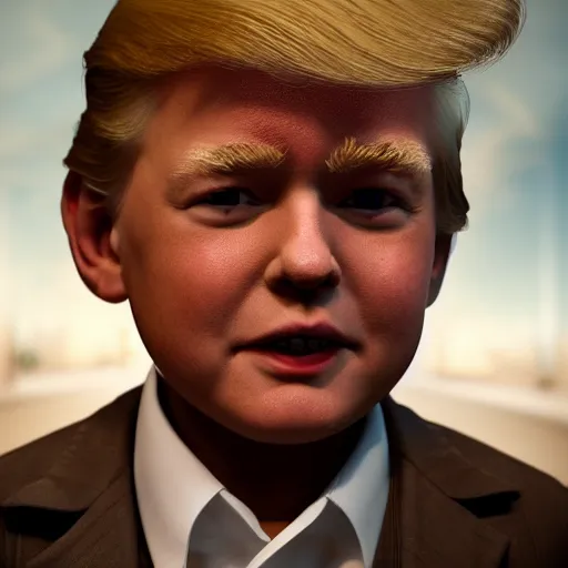 Prompt: Donald Trump as a kid covered in chocolate, octane render, Dr Zeus , A harmonious integration, 8k , happy , concept art , Akitipe studios , volumetric lighting , cinematic , ethereal , divine details, intricate African jewellery , fairycore, fantasy, Leonardo DaVinci detail