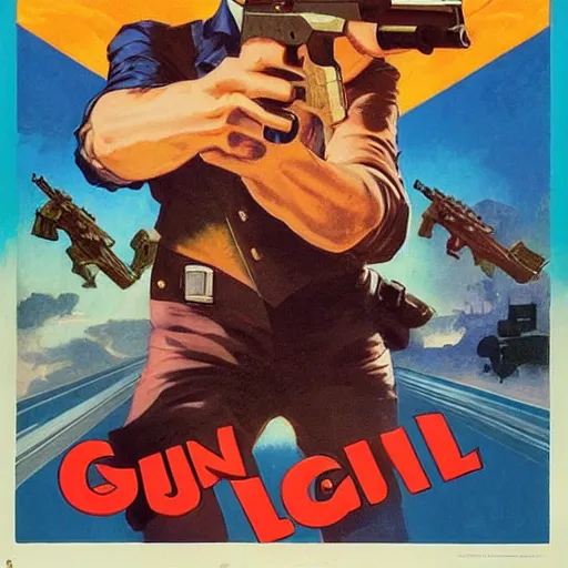 Image similar to propaganda poster of vinesauce joel pointing gun directly at camera in james bond movie, closeup of gun, visible barrel and grip by j. c. leyendecker, bosch, lisa frank, jon mcnaughton, and beksinski