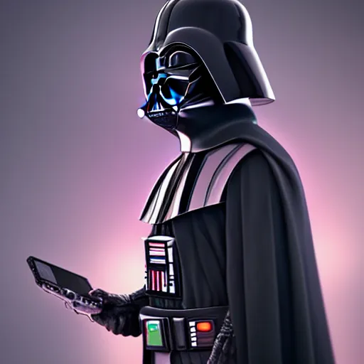 Image similar to darth vader checking his iphone, fantasy, sharp focus, digital art, hyper realistic, 4 k, unreal engine, highly detailed, hd, dramatic lighting by brom, trending on artstation