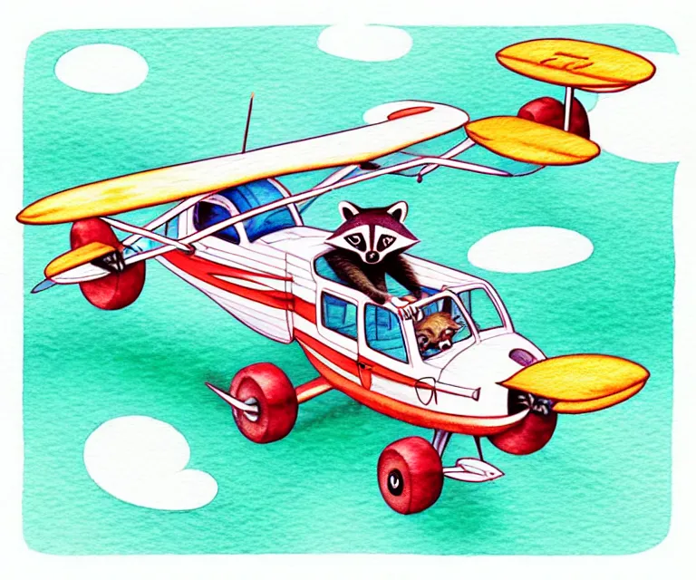 Image similar to cute and funny, racoon riding in a tiny airplane with oversized engines, ratfink style by ed roth, centered award winning watercolor pen illustration, isometric illustration by chihiro iwasaki, edited by range murata, tiny details by artgerm and watercolor girl, symmetrically isometrically centered