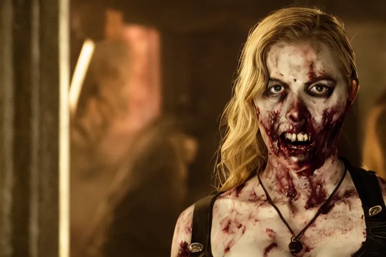 Prompt: film still of zombie zombie Sharon Carter as a zombie in new avengers movie, 4k