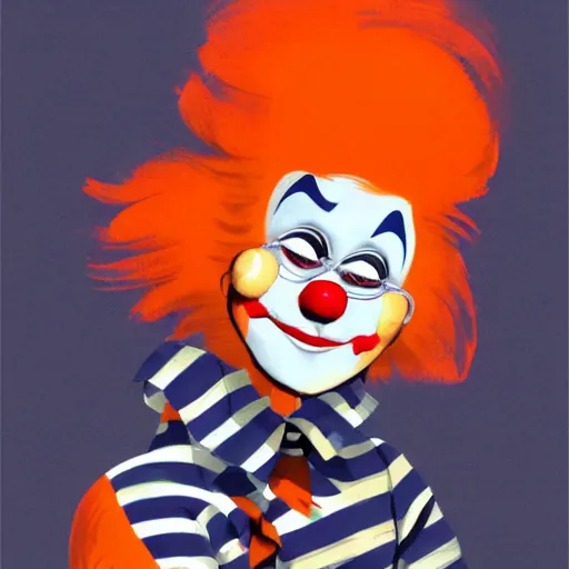 Image similar to a bozo clown wearing a orange wig and striped shirt, digital art, trending on artstation, vintage, retrofuturism, art by marc davis, marc davis artwork, poster