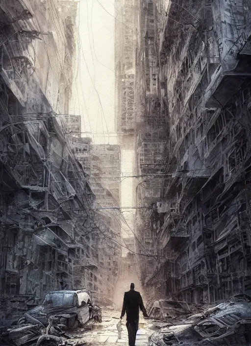 Image similar to portrait, the last man on earth walking the abandoned cities, watercolor, dramatic lighting, cinematic, establishing shot, extremely high detail, foto realistic, cinematic lighting, pen and ink, intricate line drawings, by Yoshitaka Amano, Ruan Jia, Kentaro Miura, Artgerm, post processed, concept art, artstation, matte painting, style by eddie mendoza, raphael lacoste, alex ross
