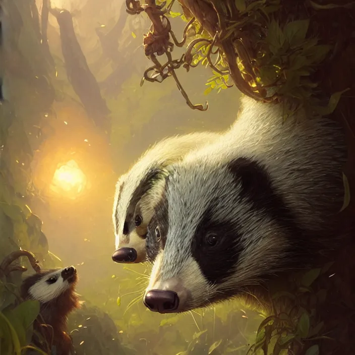 Image similar to highly detailed portrait of a cute badger, unreal engine, fantasy art by greg rutkowski, loish, rhads, ferdinand knab, makoto shinkai and lois van baarle, ilya kuvshinov, rossdraws, tom bagshaw, alphonse mucha, global illumination, radiant light, detailed and intricate environment