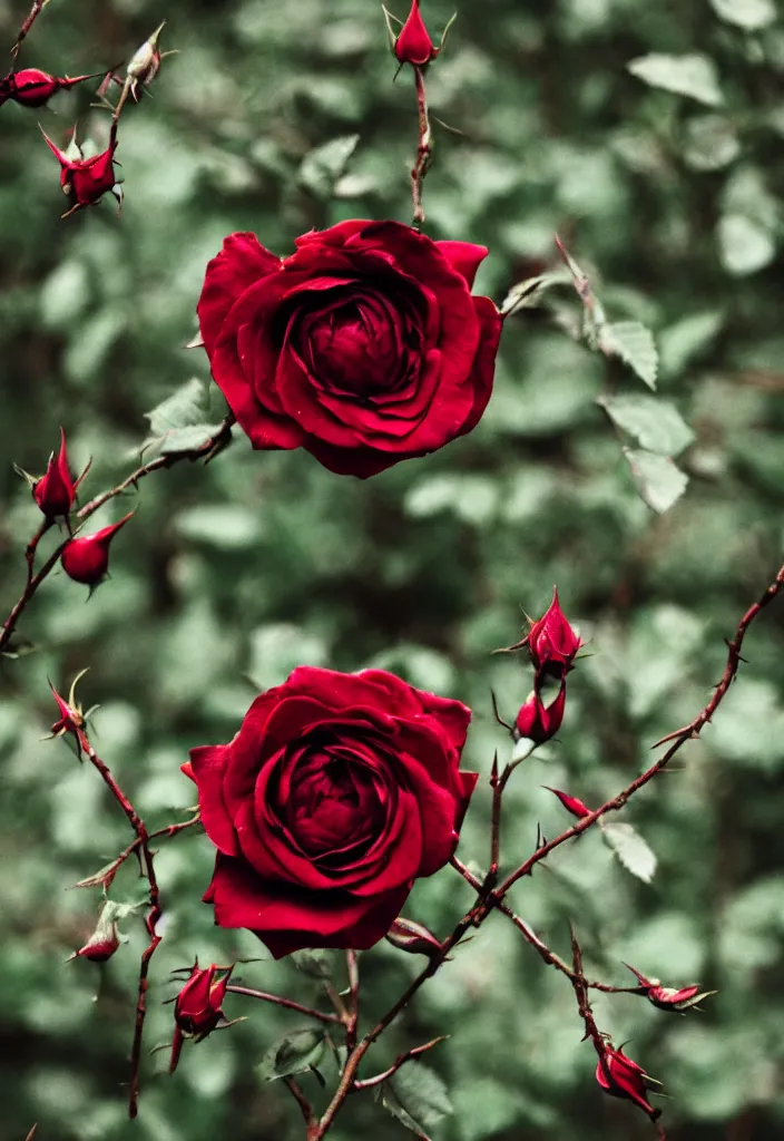 Prompt: a beautiful rose with black petals and blood - stained thorns