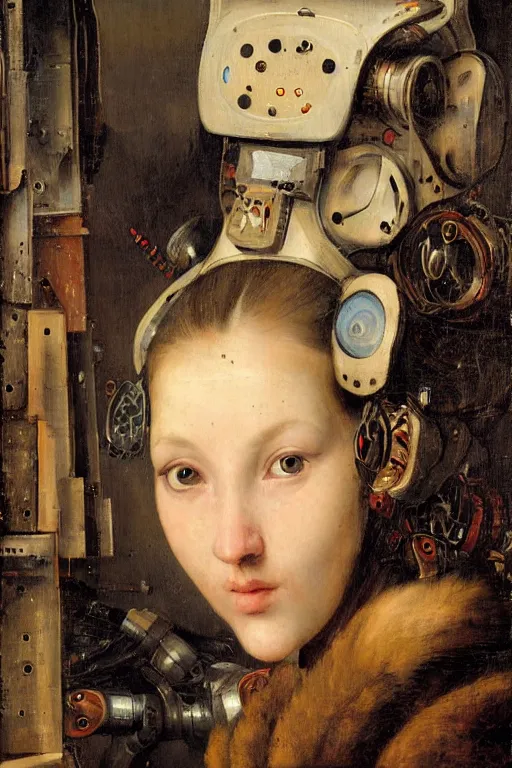 Image similar to a close - up portrait of a cyberpunk cyborg girl, by jan steen, rule of thirds