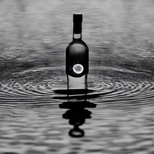 Prompt: symmetrical photo of bottle standing on water