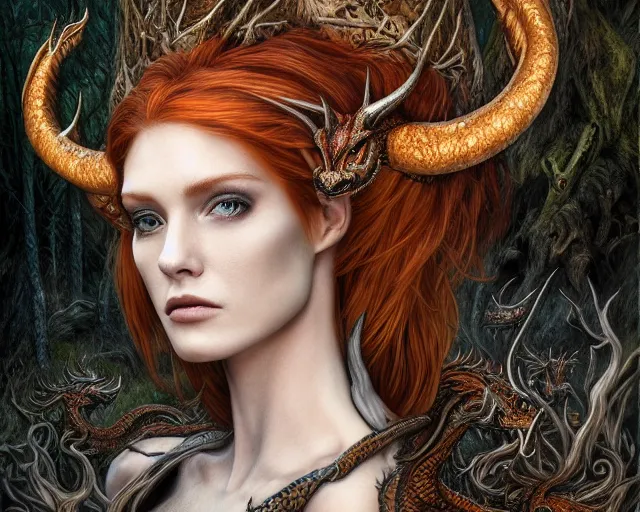 Image similar to 5 5 mm portrait of an armored gorgeous anesthetic redhead woman with a face tattoo and horns growing from her head, and small dragon sitting on her shoulder in a magical forest in the style of stefan kostic, art by luis royo. highly detailed 8 k. intricate. lifelike. soft light. nikon d 8 5 0. cinematic post - processing