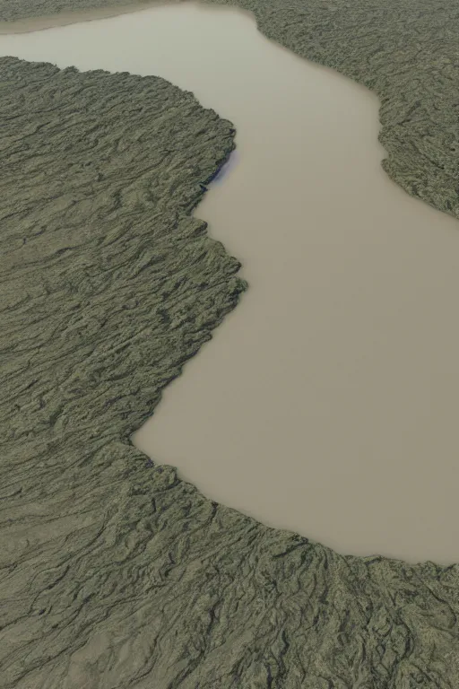 Prompt: drone photo of river delta and tsunami waves by hiroshi yoshida, roger deakins, turner, rothko, full height fluid simulation in houdini, distant mountain range, hyperrealism, moorland, matte painting, prometheus, trending on artstation, 8 k very hight detail, concept art, rendered in octane