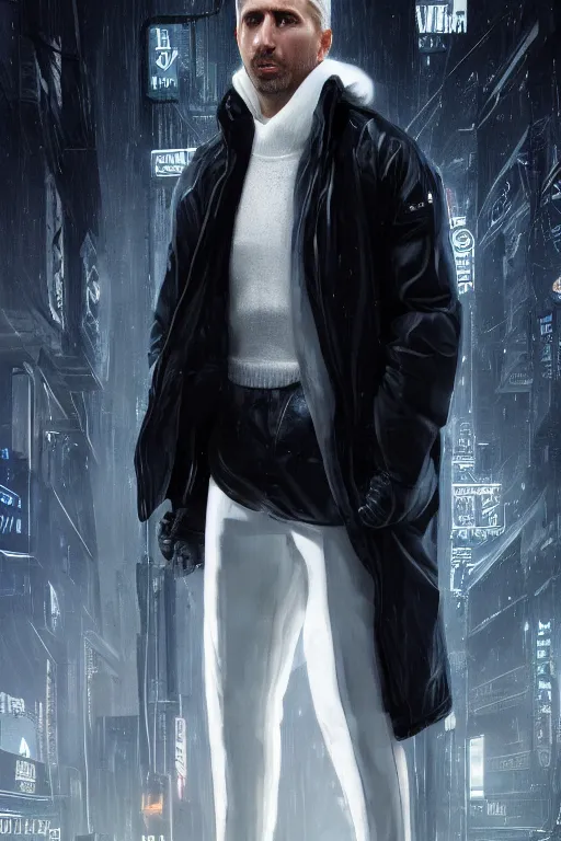 Prompt: extreme long shot. 35 years old blonde russian man in white adidas pants. black letaher jacket. white sneakers. hangover face. staying on the street. 4k, 8k, hyprerealistic, extreme hight detail, trending on artstation, masterpiece. bladerunner 2049 colors