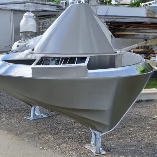 Prompt: dry dock concrete clamshell grill garbage can on a shiny chromeplated dented angular sharp vented motorboat hull,
