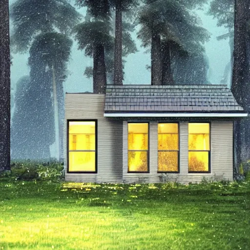 Prompt: cottage in clearing surrounded by trees, the windows are lit, raining, storming, very raining, concept art