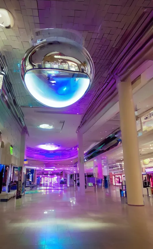 Image similar to photo of a chrome blob in a vaporwave mall, sharp wide shot lofi