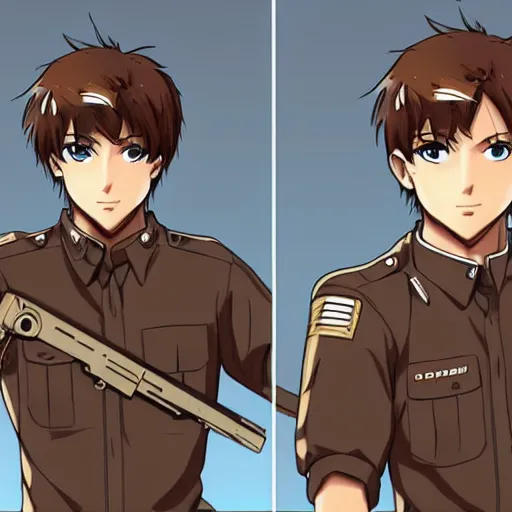 Prompt: Anime military EOD protagonist with light brown hair and brown eyes, Key Still, character design, full body shot