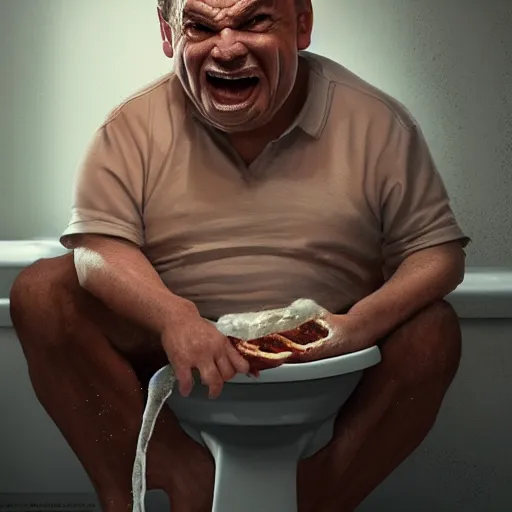 Image similar to viktor orban with realistic face sitting on the toilet and eating bacon by greg rutkowski, highly detailed, octane render, 4 k, 8 k, hdr, cgsociety, amazing lightning, masterpiece
