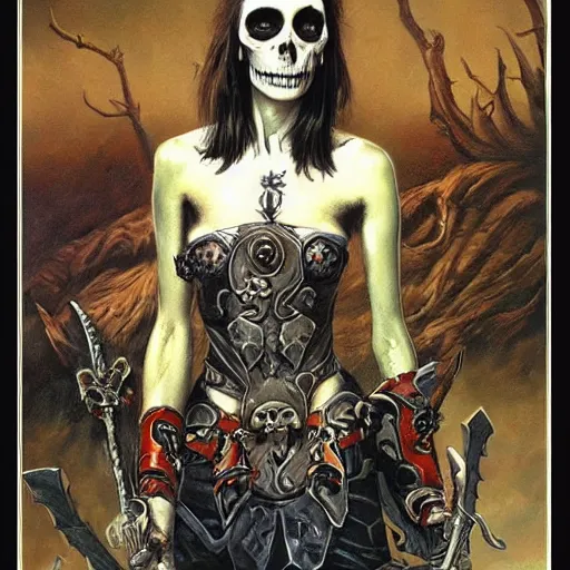 Prompt: portrait of a female skull warrior, by Gerald Brom