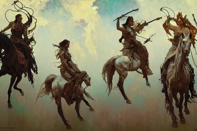 Image similar to the four horsemen of the apocalypse, painting by greg rutkowski and alphonse mucha