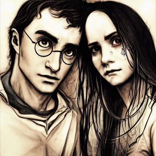 Prompt: Harry Potter and Hermione in Venice, symmetrical face, beautiful eyes, by Luis Royo, tattooed face instagram photo, 4k, 8k, trending on artstation, artstationHD,