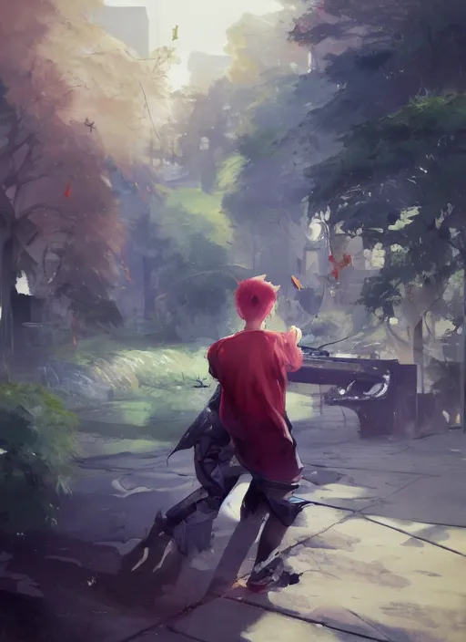 Image similar to semi reallistic gouache gesture painting, by miura kentaro, by ruan jia, by Conrad roset, by dofus online artists, detailed anime 3d portrait a boy playing music on a park, cgsociety, artstation, rococo mechanical, Digital reality, realistical, dieselpunk atmosphere, gesture drawn