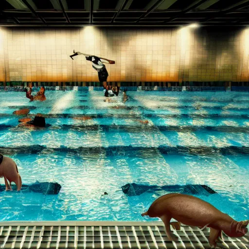 Prompt: photo, two old men fight pig mutants 5 3 8 2 8 inside a swimming pool, highly detailed, scary, volumetric lighting, front view