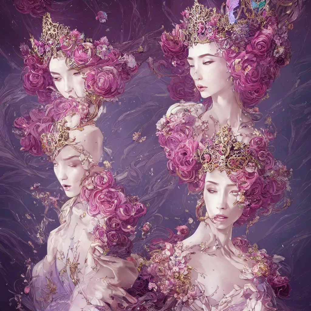 Image similar to A beautiful fantasy empress, highly detailed full body, breathtaking flower tiara, gorgeous aristocrat robe, beautiful figure, epic composition, ultra wide-shot, dynamic pose, concept art, beautifully lit, digital illustration, character design, ((sharp focus)), elegant, intricate, artstation, by WLOP and James Jean and Victo Ngai and Ryohei Hase