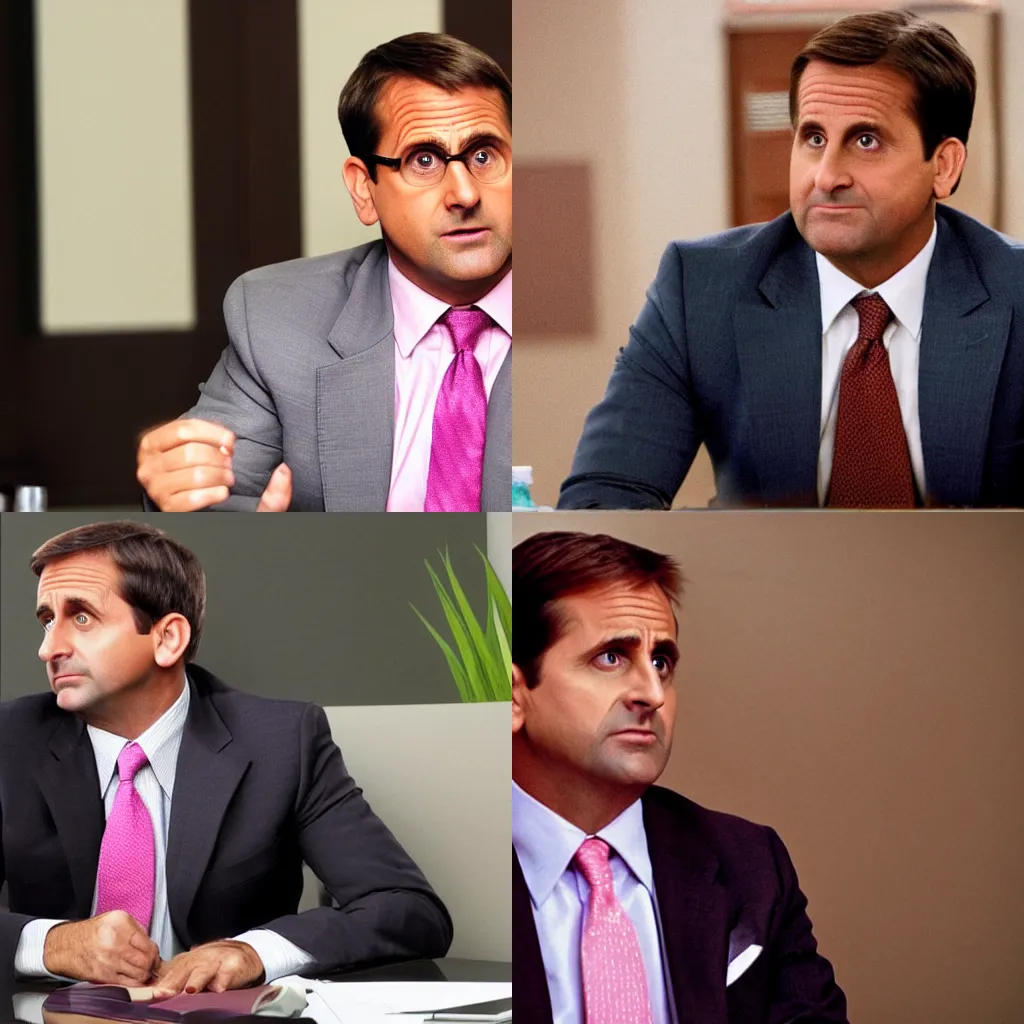 Prompt: steve carrel in a confrence meeting while wearing a pink suit
